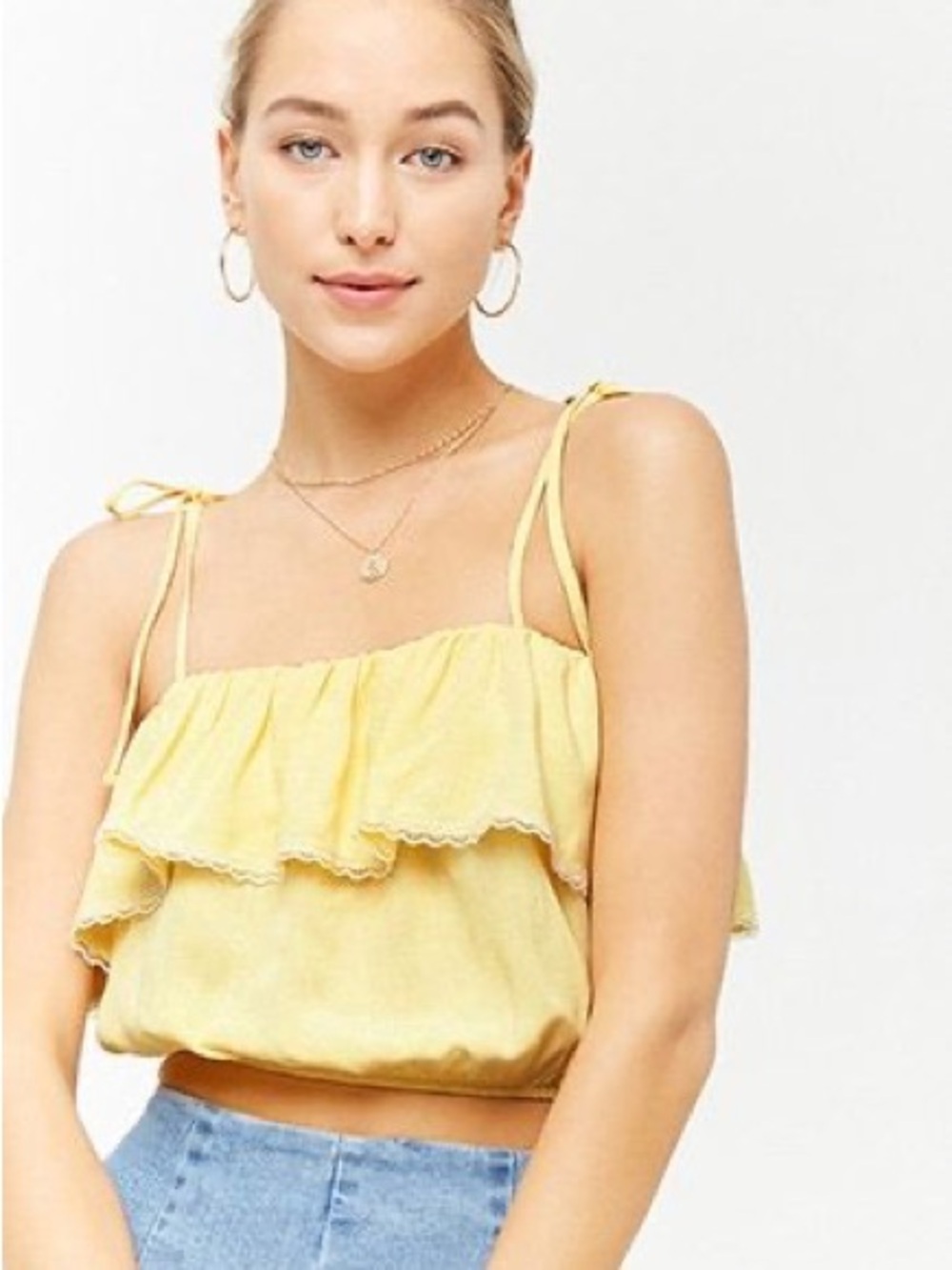 Forever 21 Light Yellow Ruffle Tie-Shoulder Crop Top